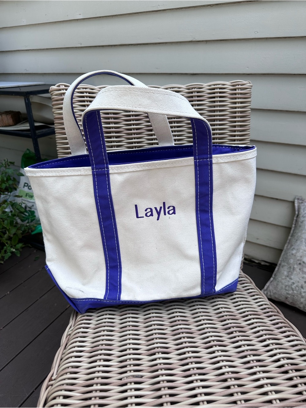 L.L. Bean Cream Canvas Tote with Purple Trim - Layla